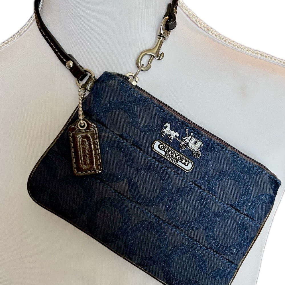Coach Navy Blue Sparkle Signature Corner Zip Wristlet